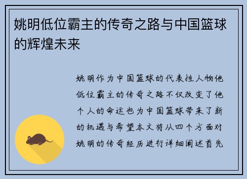 姚明低位霸主的传奇之路与中国篮球的辉煌未来