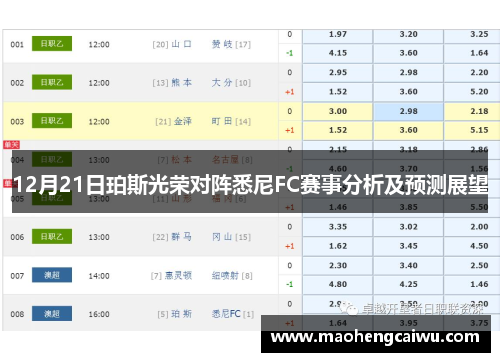 12月21日珀斯光荣对阵悉尼FC赛事分析及预测展望